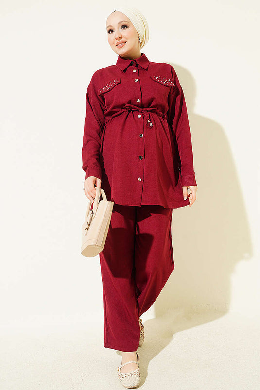 Embellished Fake Pocket Cover Double Set Burgundy
