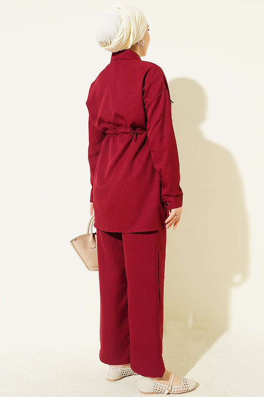 Embellished Fake Pocket Cover Double Set Burgundy