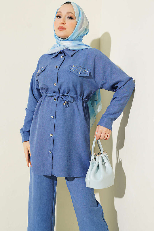 Ensemble Double Indigo Orné Avec Fausses Poches Et Rabat