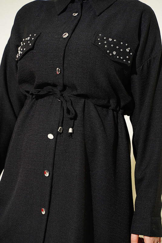 Conjunto Doble Con Bolsillos Falsos Decorados Negro