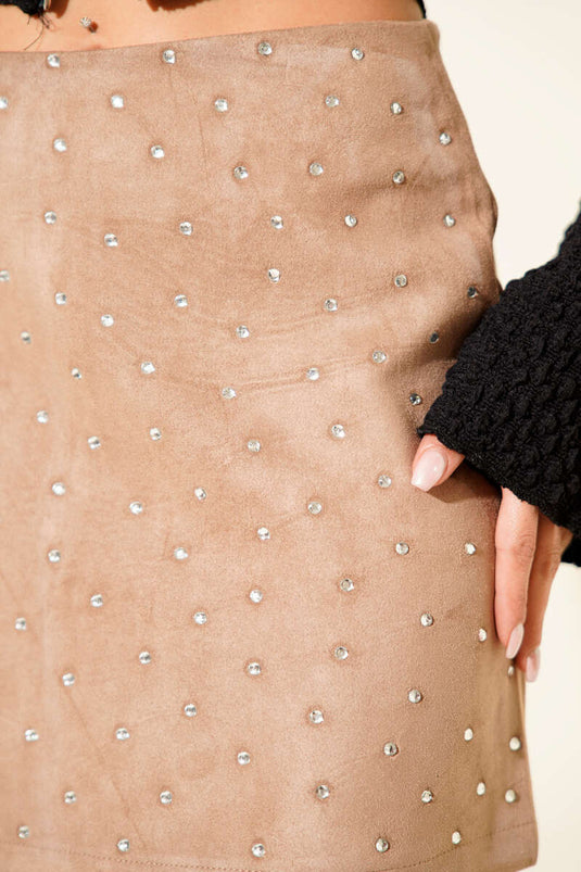 Taşlı Süet Mini Etek Latte