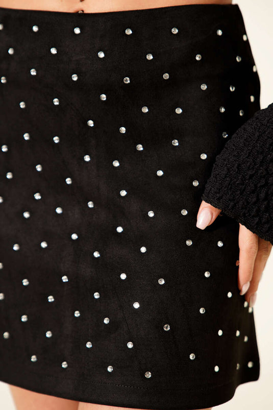 Taşlı Süet Mini Etek Siyah