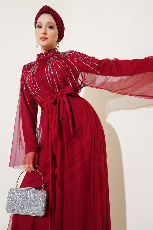Abaya with Stoned Tulle Cape, Burgundy