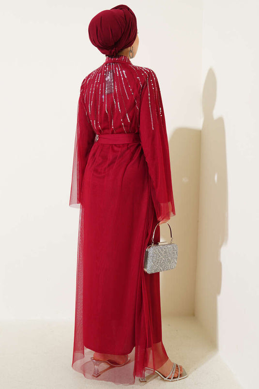 Abaya with Stoned Tulle Cape, Burgundy
