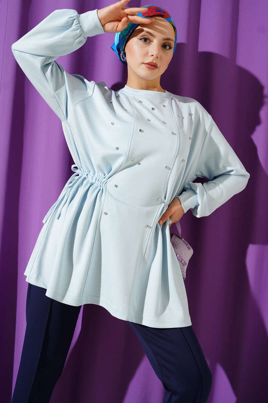 تونيك لويشة مزين بالأحجار مع رباط جانبي باللون الأزرق الثلجي