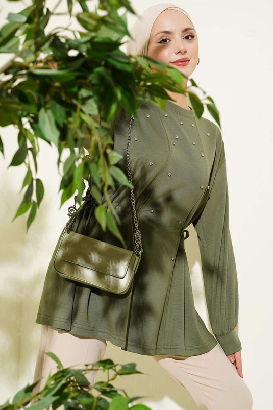 تونيك لويشة بحجر جانبي ورباط باللون الأخضر الزيتوني