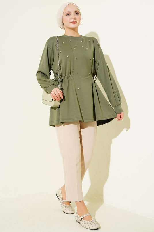 Taşlı Yan Bağlamalı Loyşa Tunik Haki