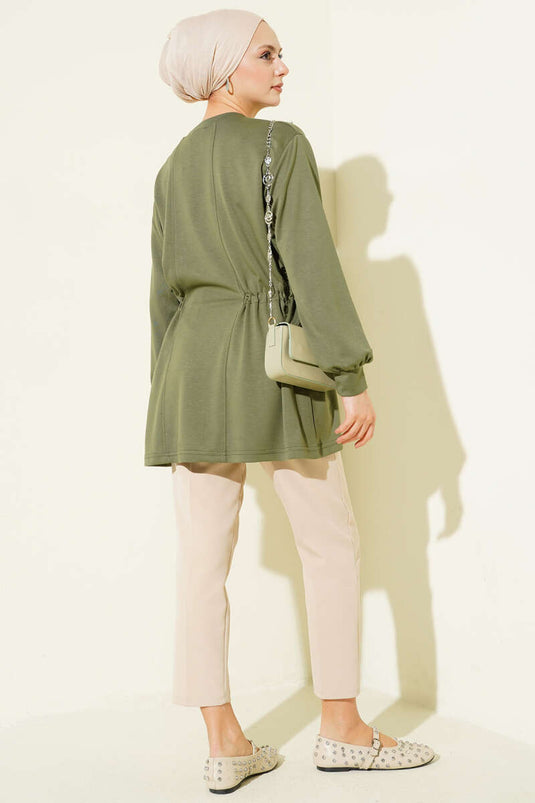 Taşlı Yan Bağlamalı Loyşa Tunik Haki