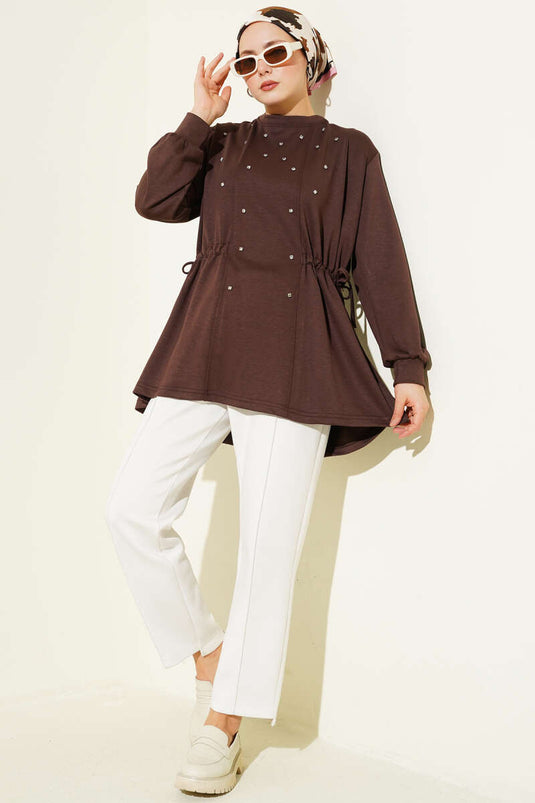 Taşlı Yan Bağlamalı Loyşa Tunik Kahve