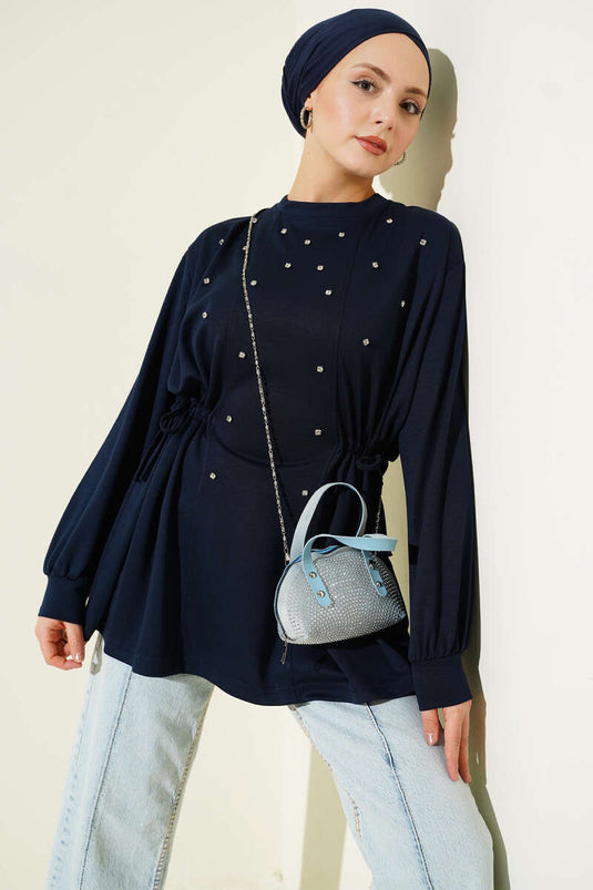 Stone-Embellished Side-Tied Loysha Tunic Navy Blue