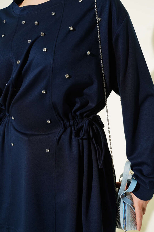 Stone-Embellished Side-Tied Loysha Tunic Navy Blue