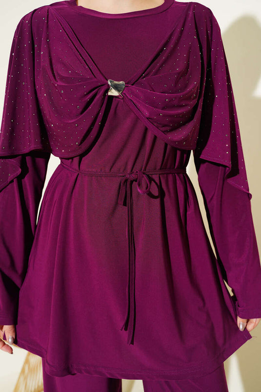 Ensemble Deux Pièces avec Fente Latérale et Strass, Couleur Mûre