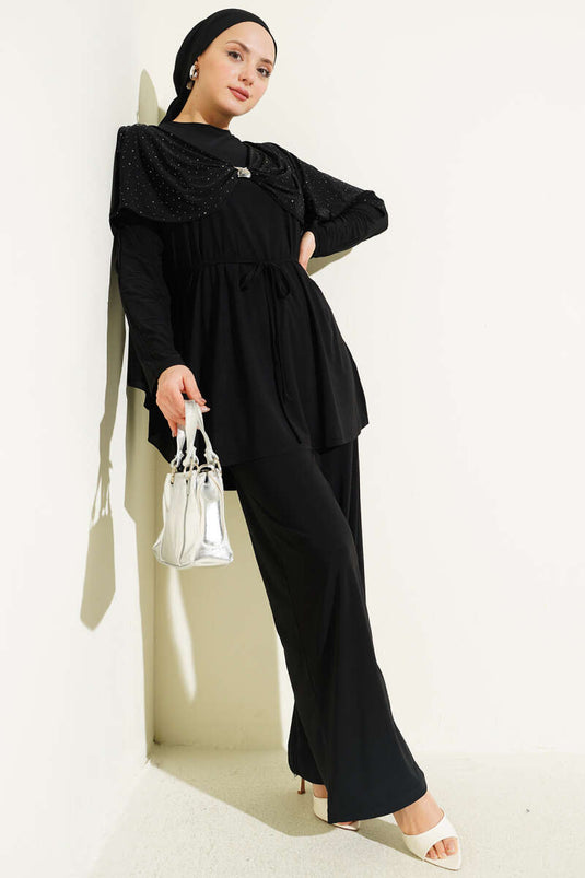 Ensemble Deux Pièces Noir avec Fente Latérale et Strass