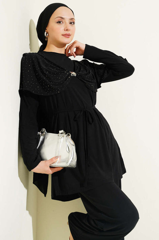 Ensemble Deux Pièces Noir avec Fente Latérale et Strass