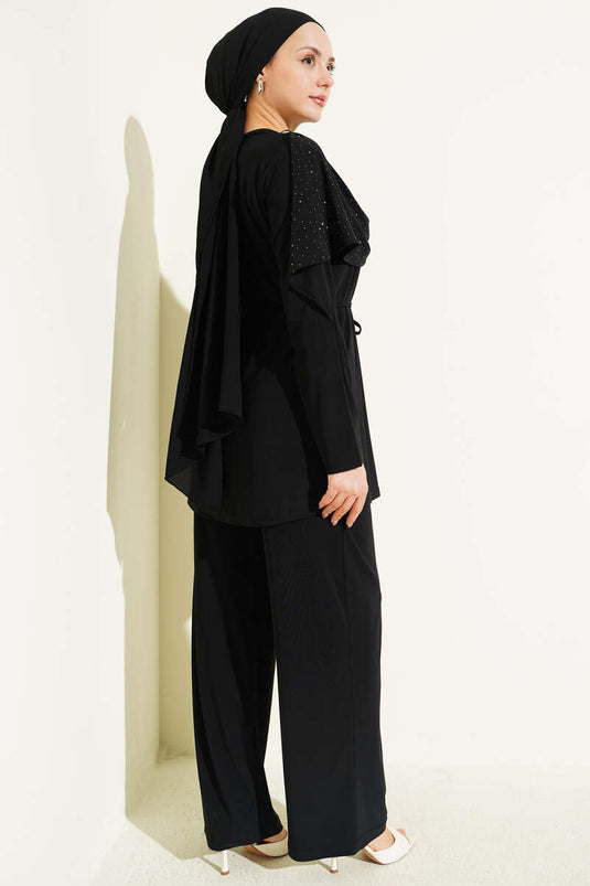 Ensemble Deux Pièces Noir avec Fente Latérale et Strass