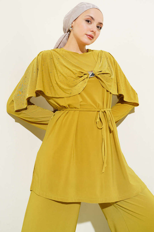Stone-Embellished Side-Slit Two-Piece Set in Olive Green