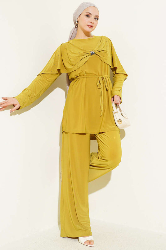 Stone-Embellished Side-Slit Two-Piece Set in Olive Green