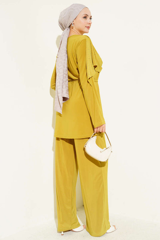 Stone-Embellished Side-Slit Two-Piece Set in Olive Green