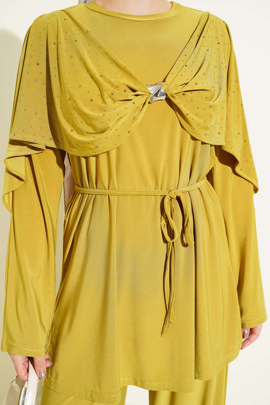 Stone-Embellished Side-Slit Two-Piece Set in Olive Green