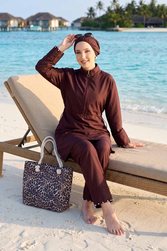 Stone-Embellished Half-Zip Modest Three-Piece Swimsuit Plum
