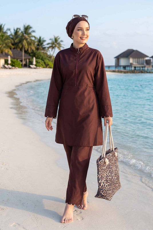 Stone-Embellished Half-Zip Modest Three-Piece Swimsuit Plum