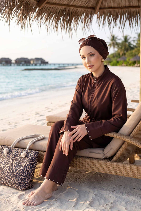 Stone-Embellished Half-Zip Modest Three-Piece Swimsuit Plum