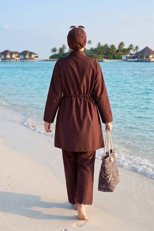 Stone-Embellished Half-Zip Modest Three-Piece Swimsuit Plum