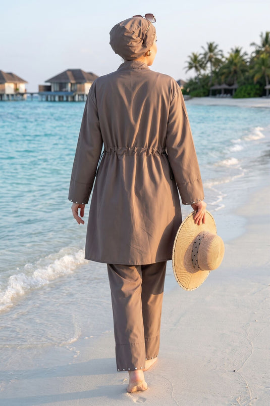 Stone-Embellished Half-Zip Modest Three-Piece Swimsuit Mink