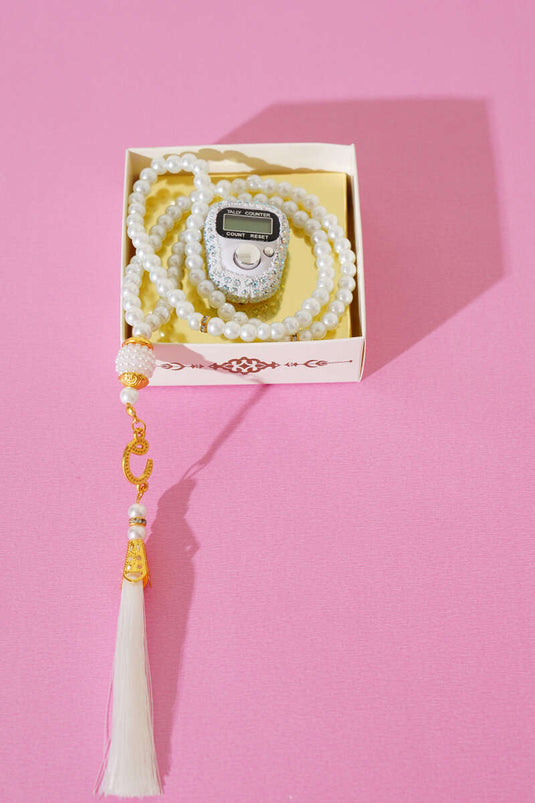White Prayer Beads Set with Stone-Studded Rosary Counter and Pearl Rosary