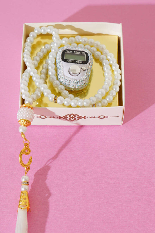 White Prayer Beads Set with Stone-Studded Rosary Counter and Pearl Rosary
