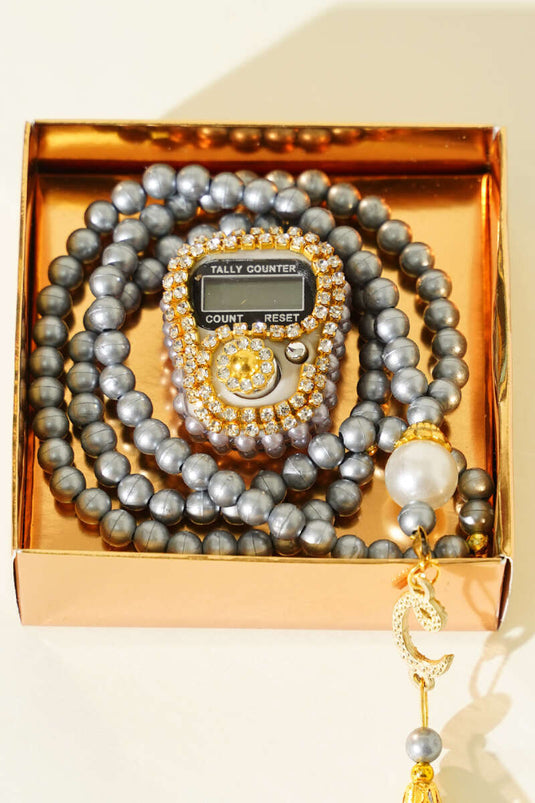 Stein-Zikirmatik- und Perlen-Gebetsperlen-Set Grau