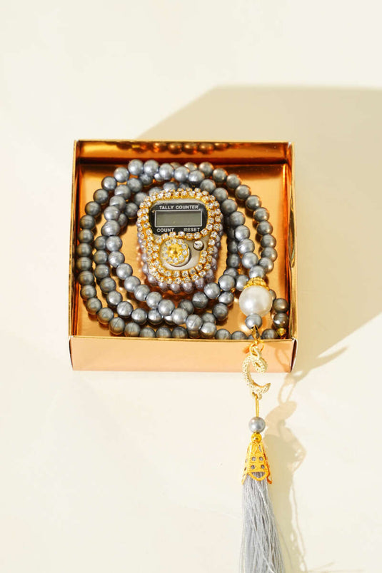 Stone-Embellished Prayer Beads Counter and Pearl Rosary Set Gray