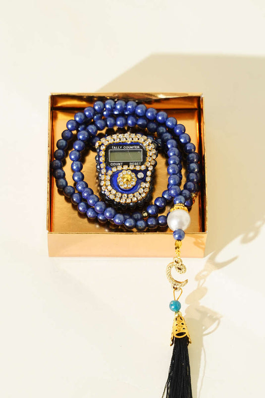 Ensemble de chapelet à perles et compteur de prières orné de pierres, bleu marine