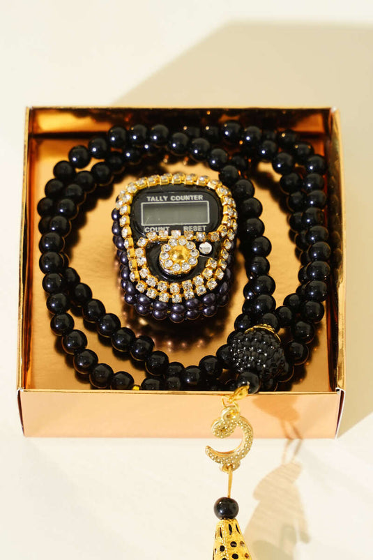 Stein-Zikirmatik- und Perlen-Gebetsperlen-Set Schwarz