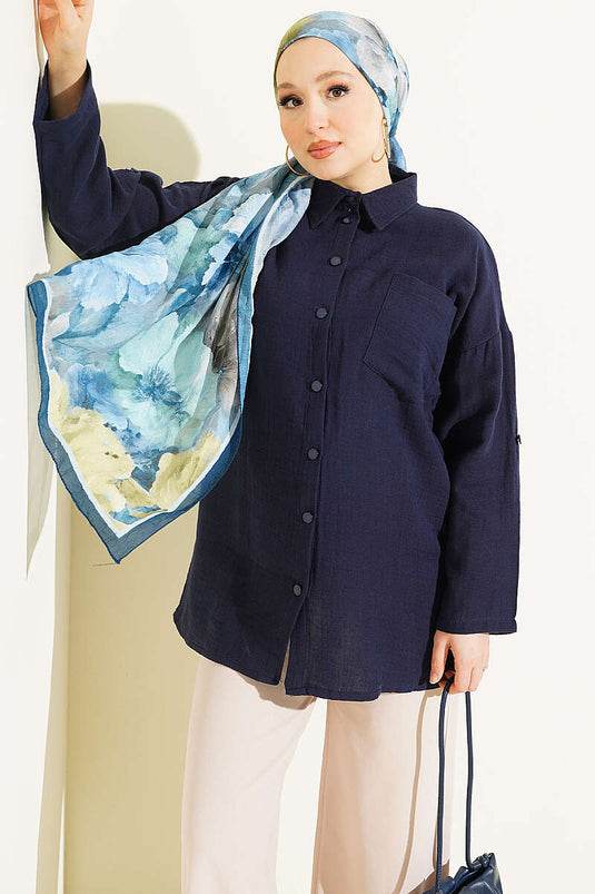 Navy Blue Muşlin Shirt With Front Pockets