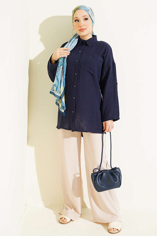 Navy Blue Muşlin Shirt With Front Pockets