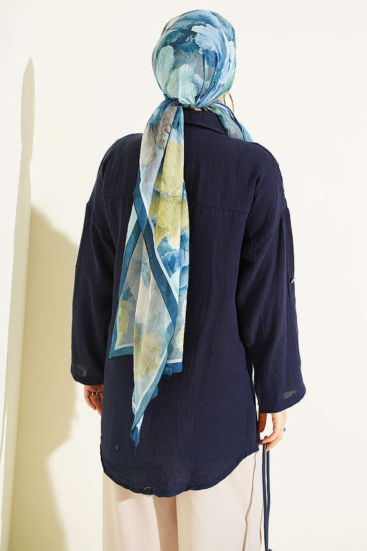 Navy Blue Muşlin Shirt With Front Pockets