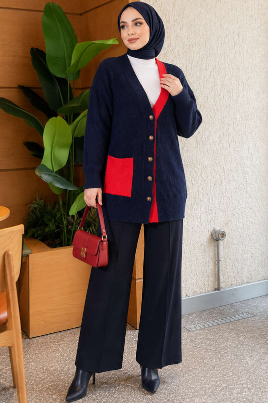 Gilet En Maille À Poche Étroite Et Détail De Barbe Bleu Marine