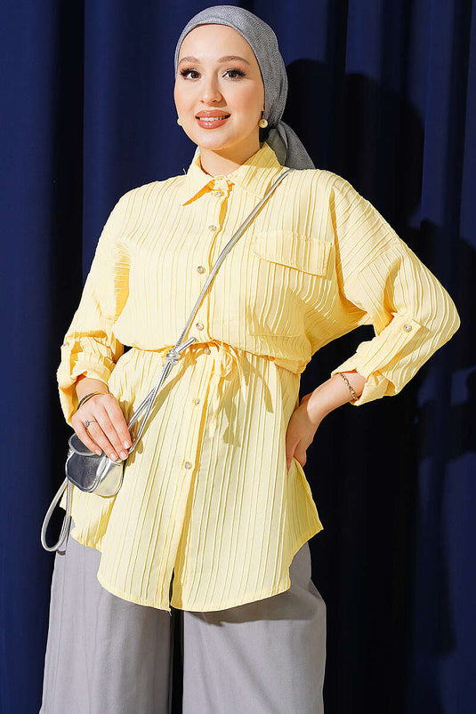 Camicia Gialla A Maniche Lunghe Con Tasche E Cintura