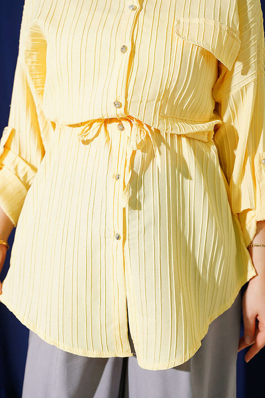 Camicia Gialla A Maniche Lunghe Con Tasche E Cintura