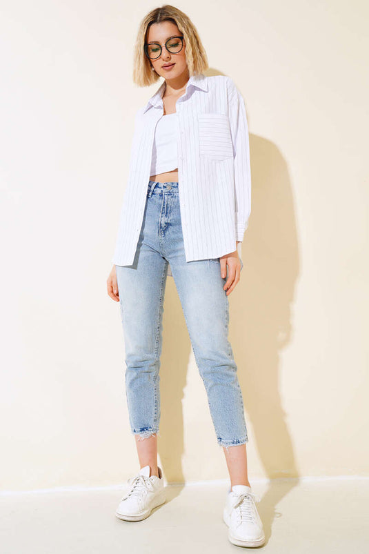 Tek Cepli Çizgili Gömlek Ekru