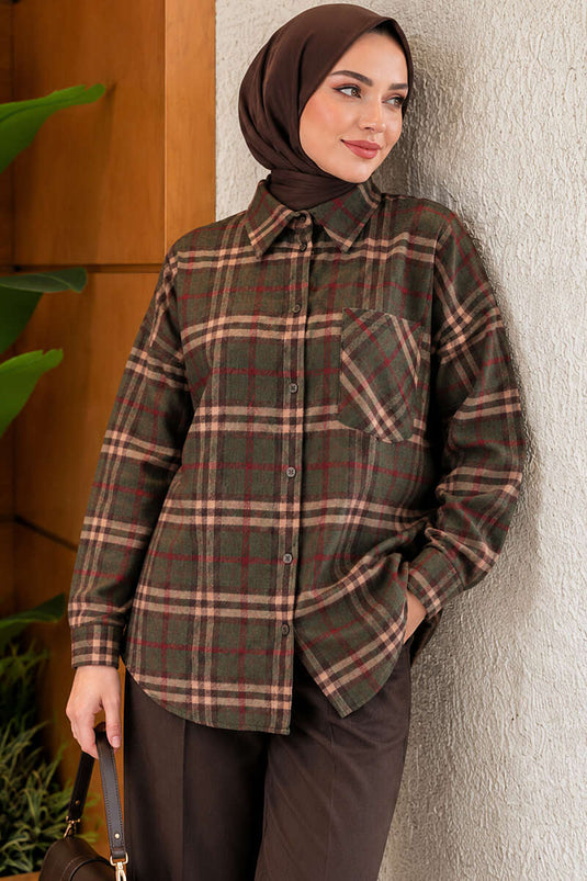 Tek Cepli Ekose Desenli Gömlek Haki