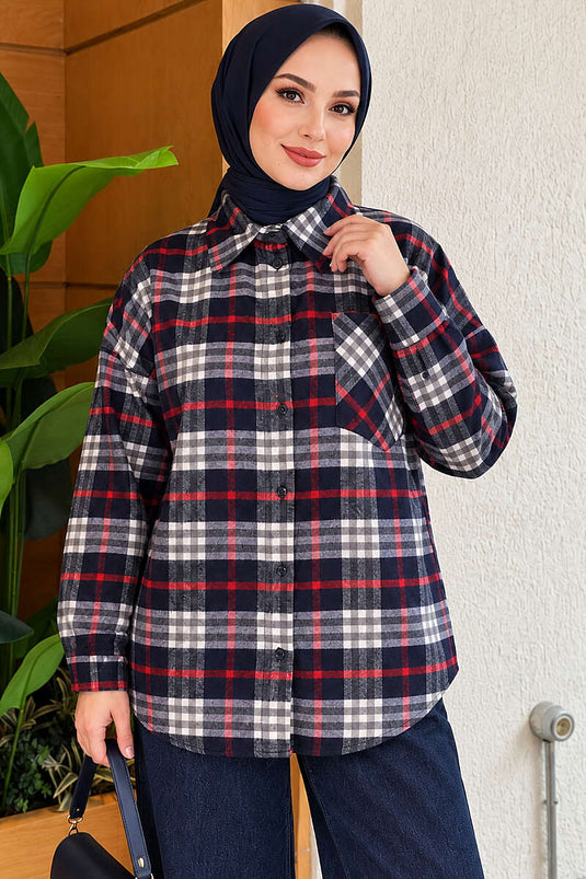 Tek Cepli Ekose Desenli Gömlek Lacivert