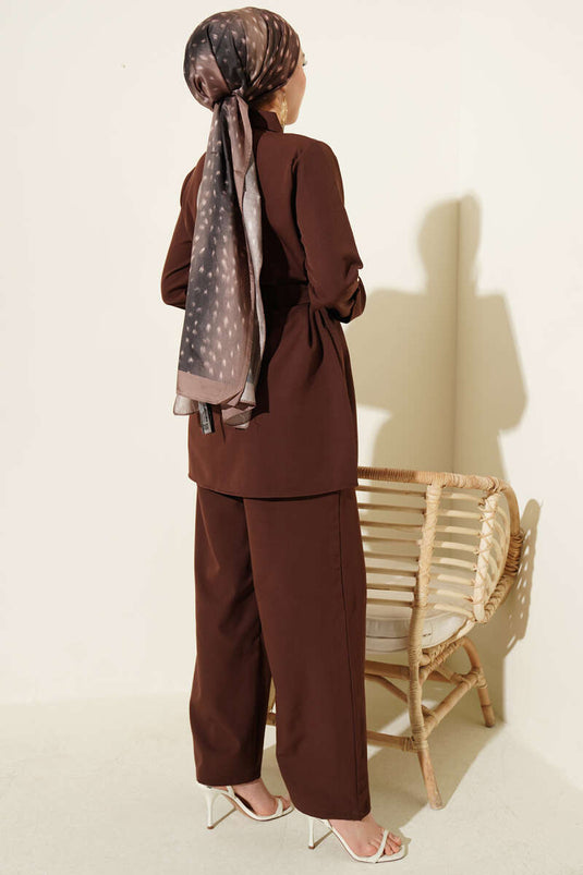 Single Pocket Hidden Button Double Two-Piece Set Brown