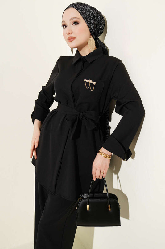 Single Pocket Hidden Button Double Two-Piece Set Black