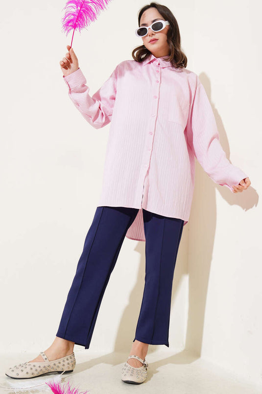 Camicia a righe rosa con tasca singola