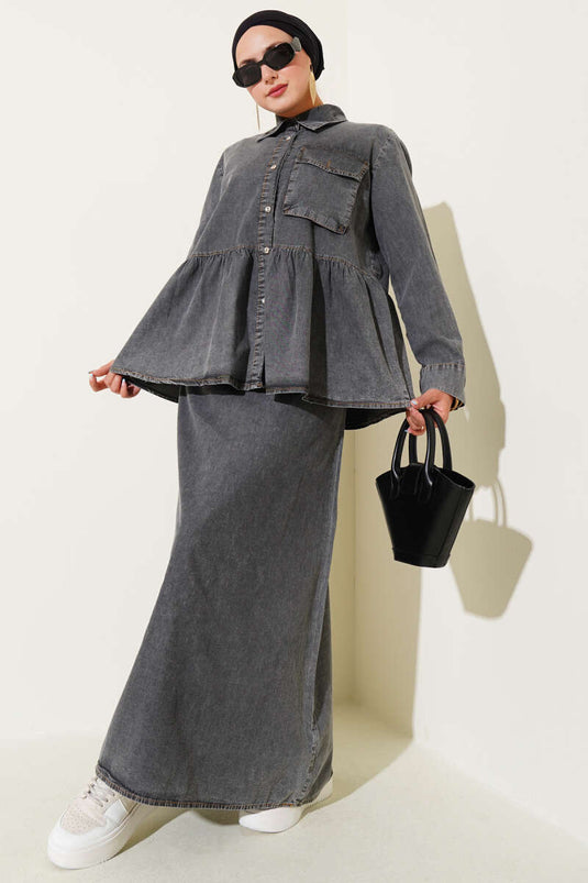 Ensemble deux pièces gilet en jean à poche unique fumée