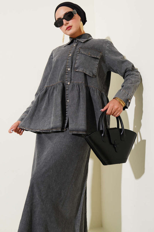 Ensemble deux pièces gilet en jean à poche unique fumée