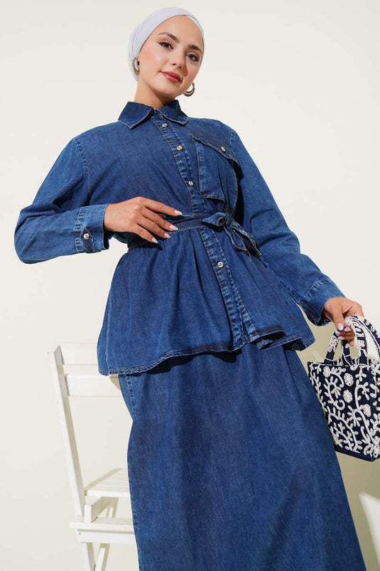 Ensemble deux pièces gilet en jean à poche unique bleu marine