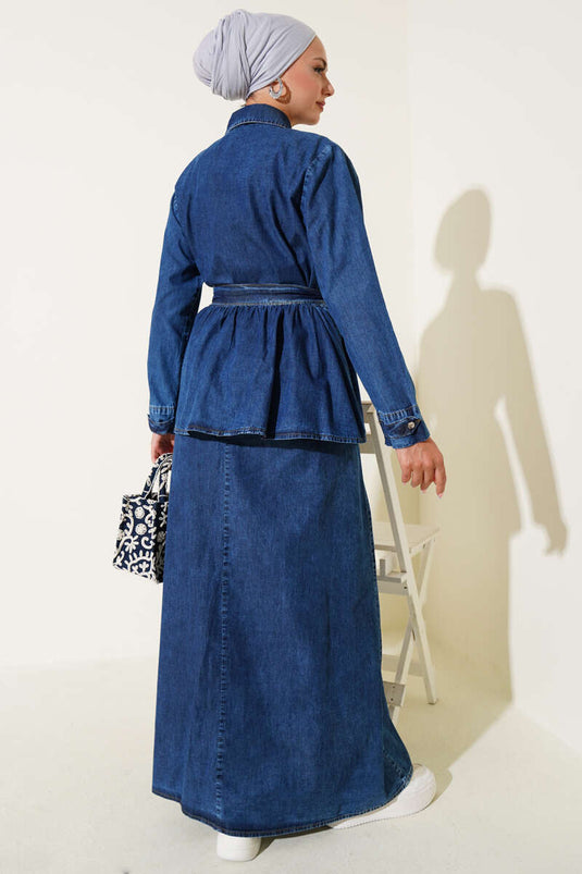 Ensemble deux pièces gilet en jean à poche unique bleu marine